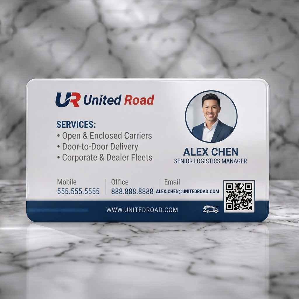 Solid white PVC business card featuring modern, clean design with bold blue and red branding, sans-serif typography, auto transport icon, and QR code