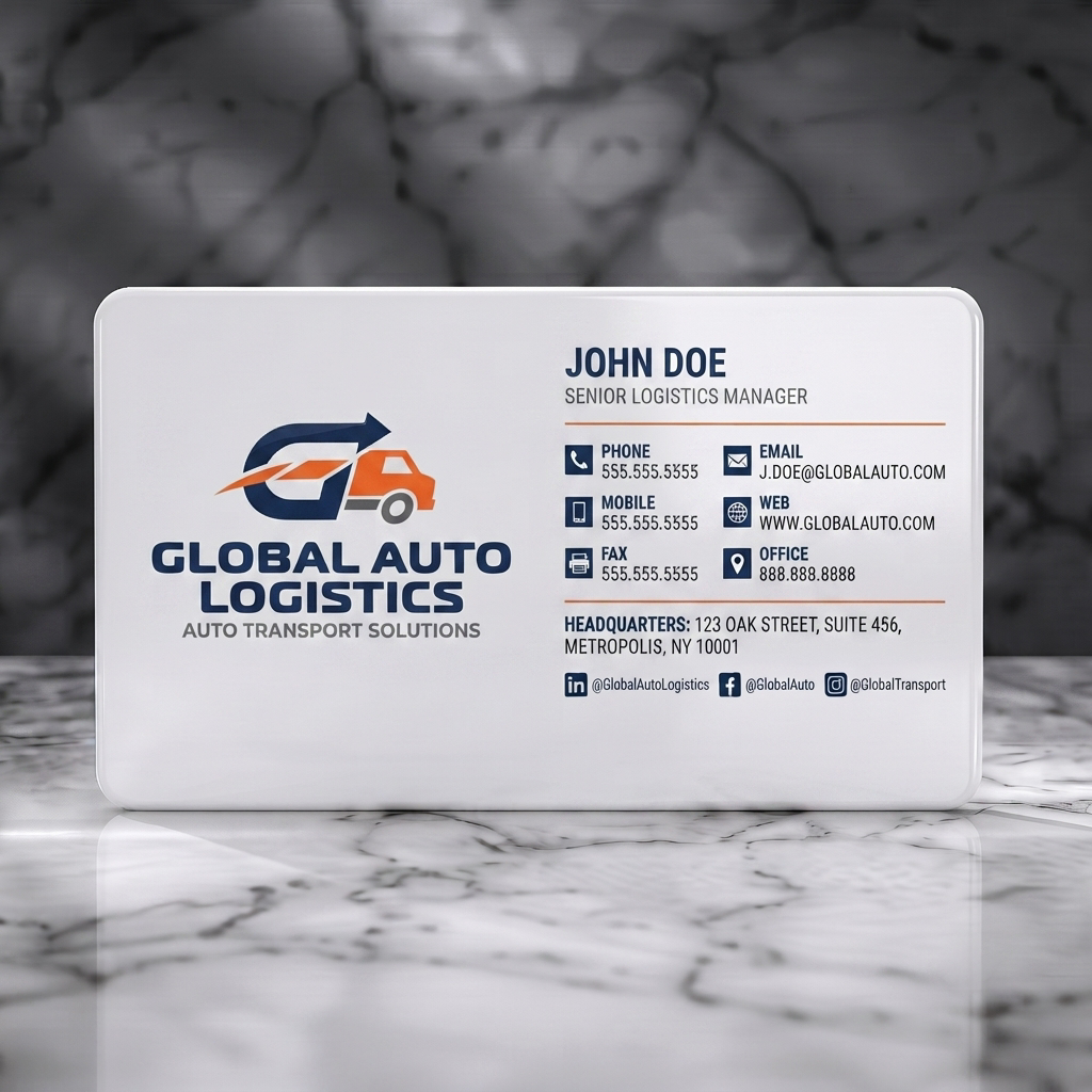 Solid white PVC business card featuring modern design with navy blue and orange branding, sans-serif typography, and clear contact icons