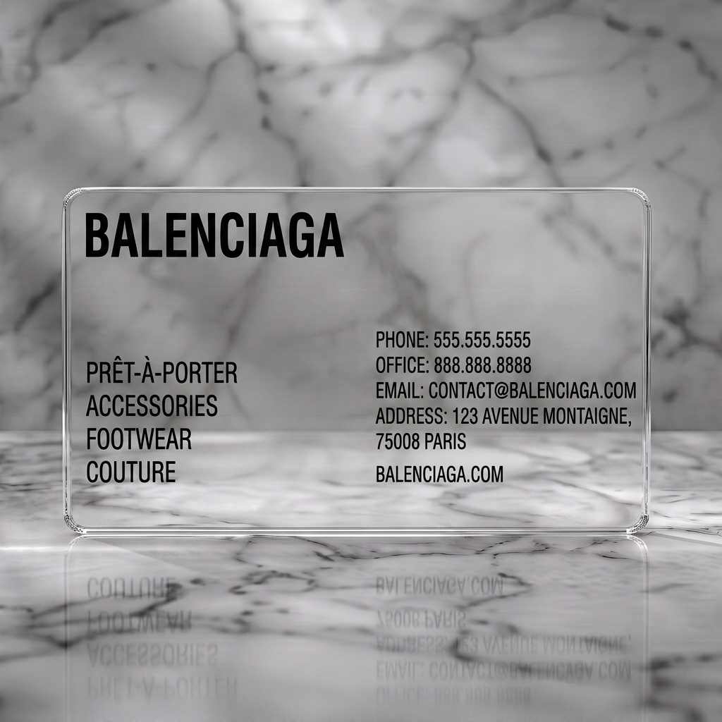 Clear plastic business card featuring minimalist black and white with bold sans-serif typography for Balenciaga branding and details