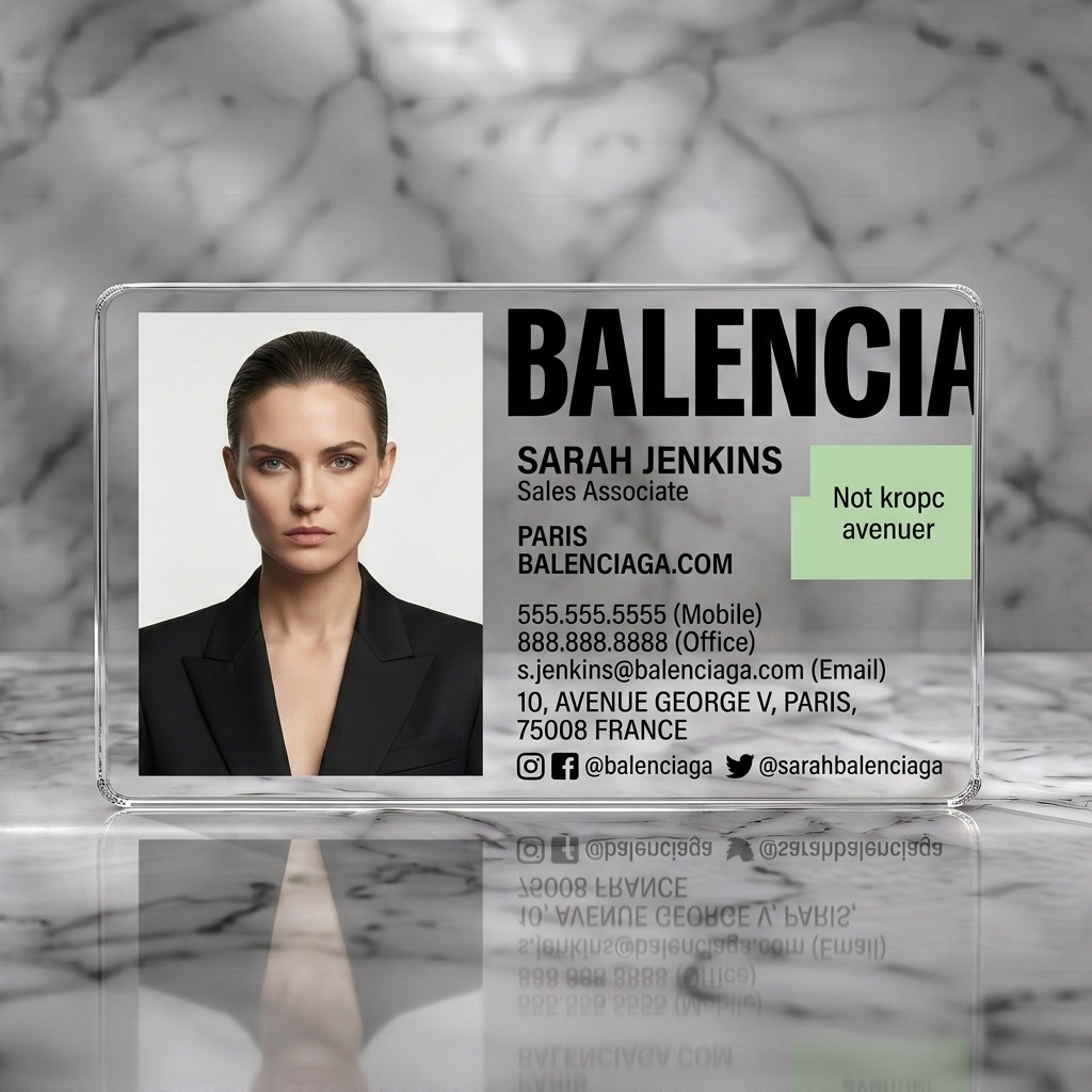Clear plastic business card featuring minimalist black and white design with a professional headshot, bold sans-serif typography, and social icons