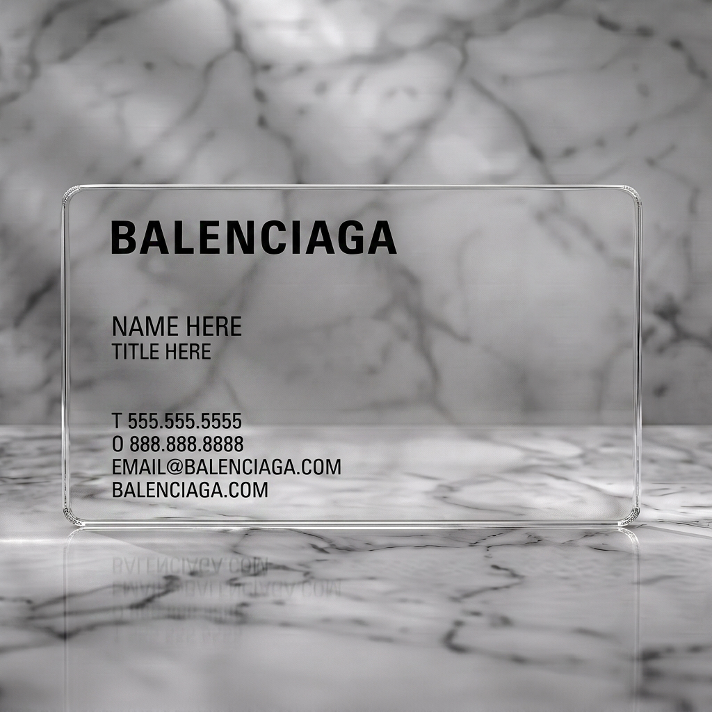 Clear plastic business card featuring bold black sans-serif typography for a modern, minimalist Balenciaga design