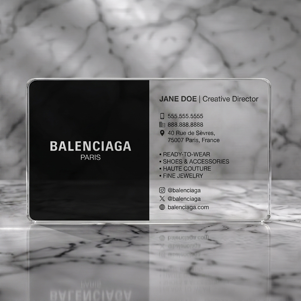 Clear plastic business card featuring minimalist black and white design with bold Balenciaga logo, sans-serif typography, and simple icons
