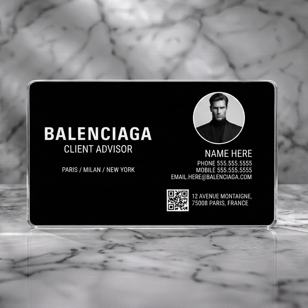 Clear plastic business card featuring sleek black & white design, bold sans-serif type, circular profile image, and QR code