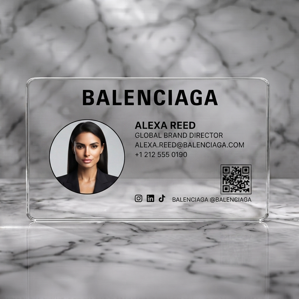 Clear plastic business card featuring minimalist black and white aesthetic, bold sans-serif type, circular profile image, QR code, and social icons