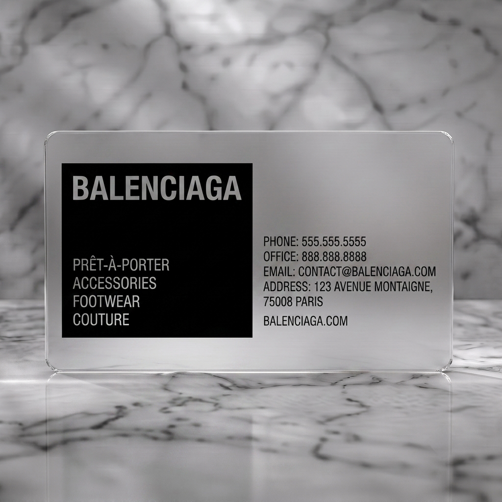 Frosted translucent plastic business card featuring minimalist black and white with bold sans-serif typography for Balenciaga branding and details
