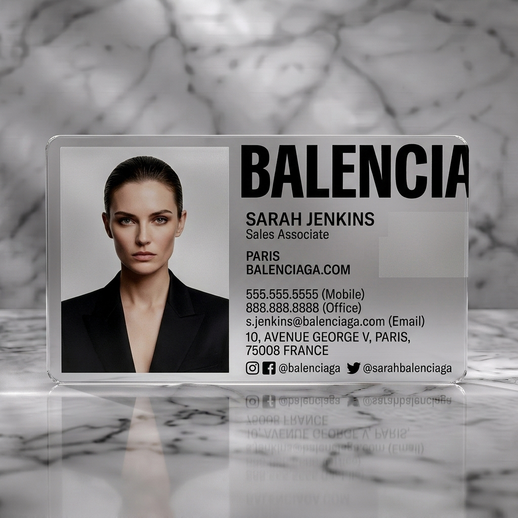 Frosted translucent plastic business card featuring minimalist black and white design with a professional headshot, bold sans-serif typography, and social icons