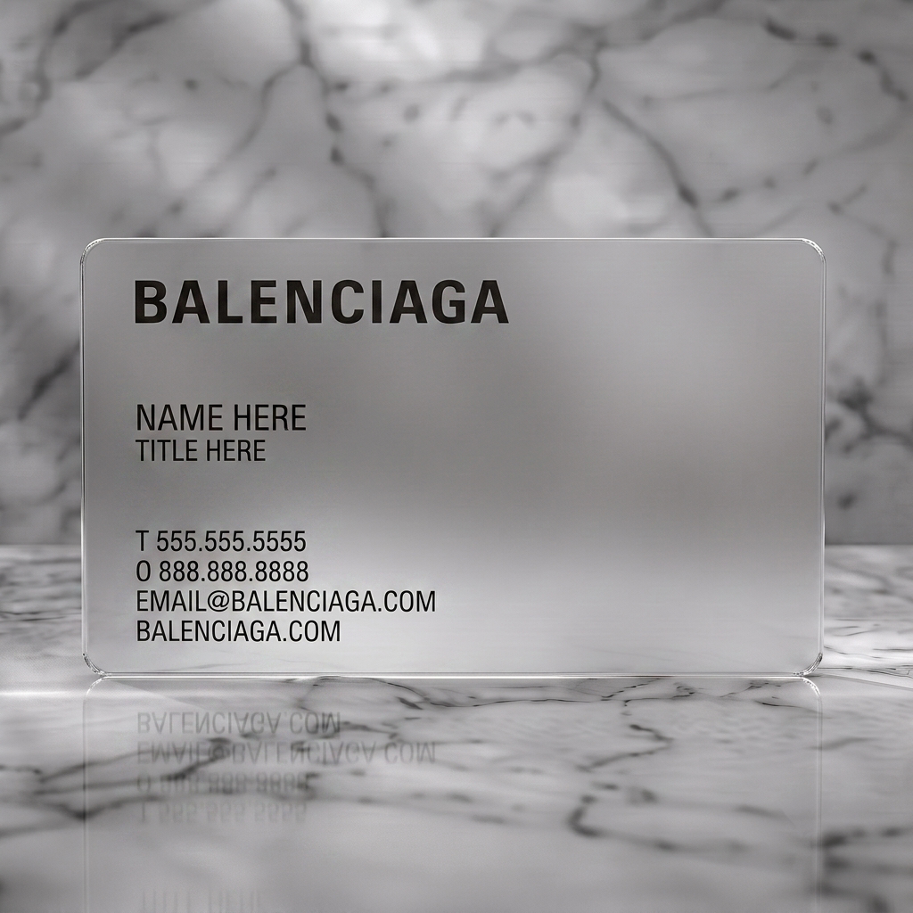 Frosted translucent plastic business card featuring bold black sans-serif typography for a modern, minimalist Balenciaga design