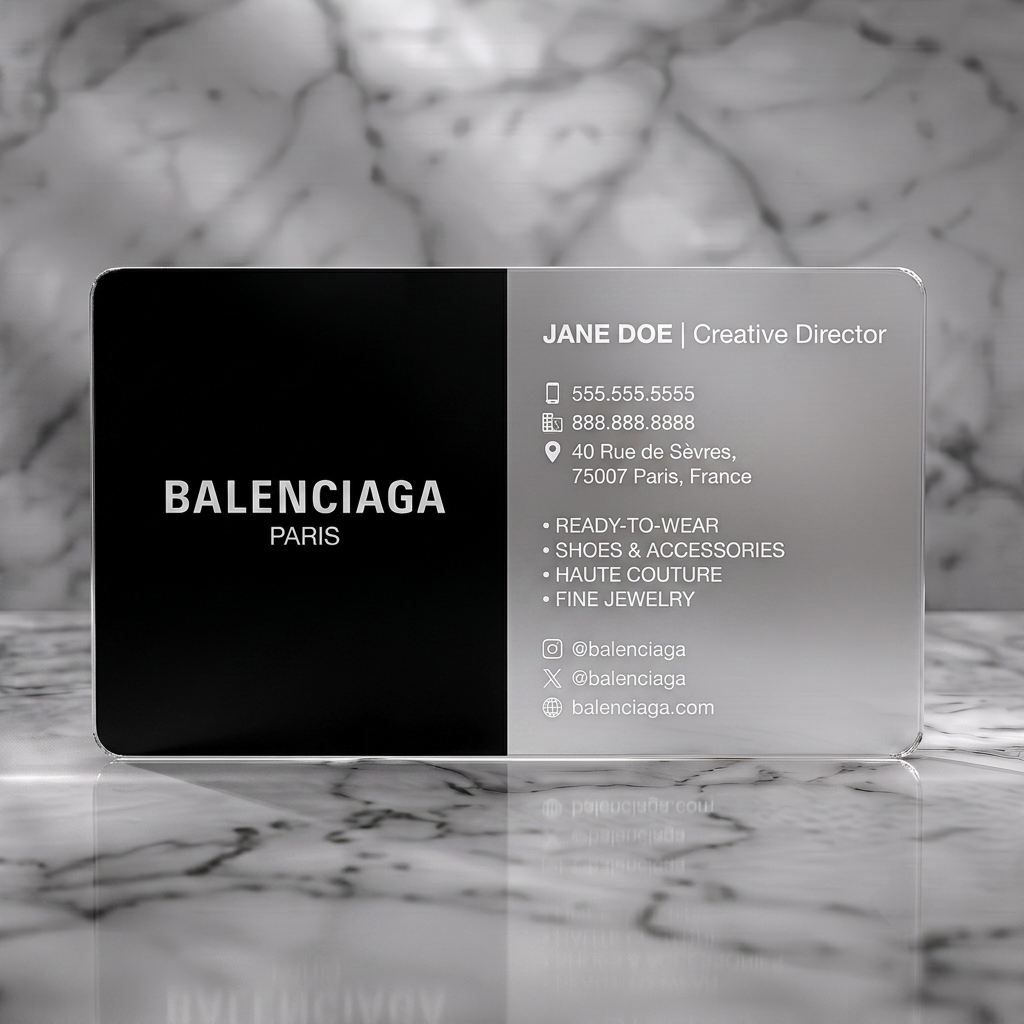 Frosted translucent plastic business card featuring minimalist black and white design with bold Balenciaga logo, sans-serif typography, and simple icons