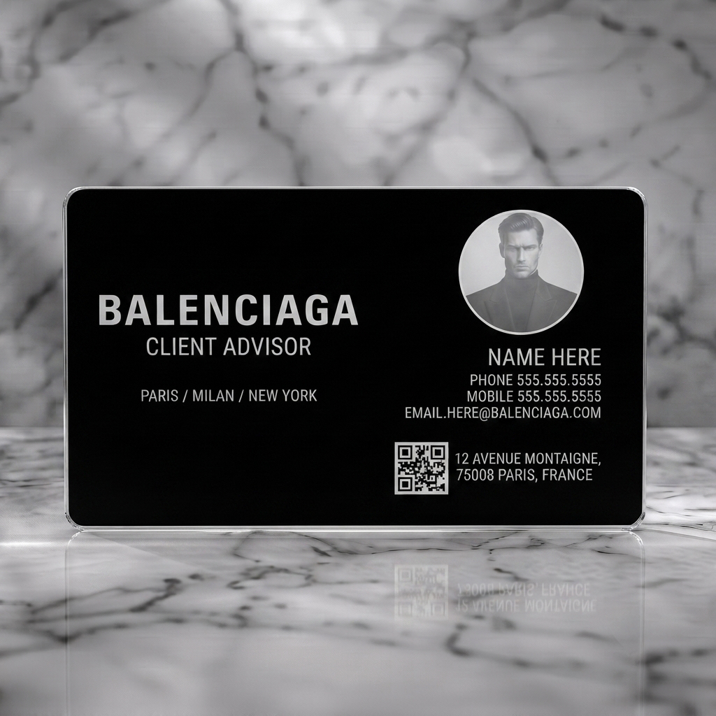 Frosted translucent plastic business card featuring sleek black & white design, bold sans-serif type, circular profile image, and QR code