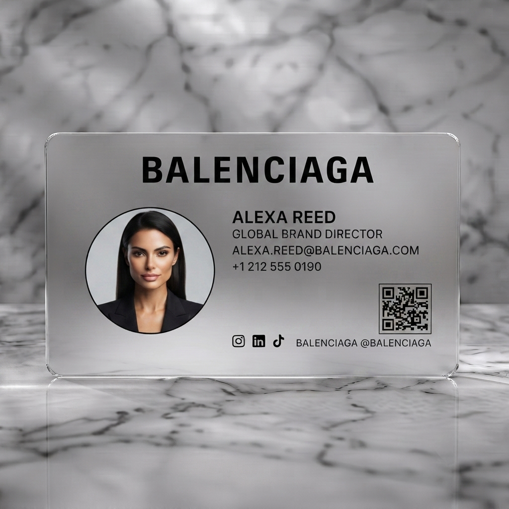 Frosted translucent plastic business card featuring minimalist black and white aesthetic, bold sans-serif type, circular profile image, QR code, and social icons