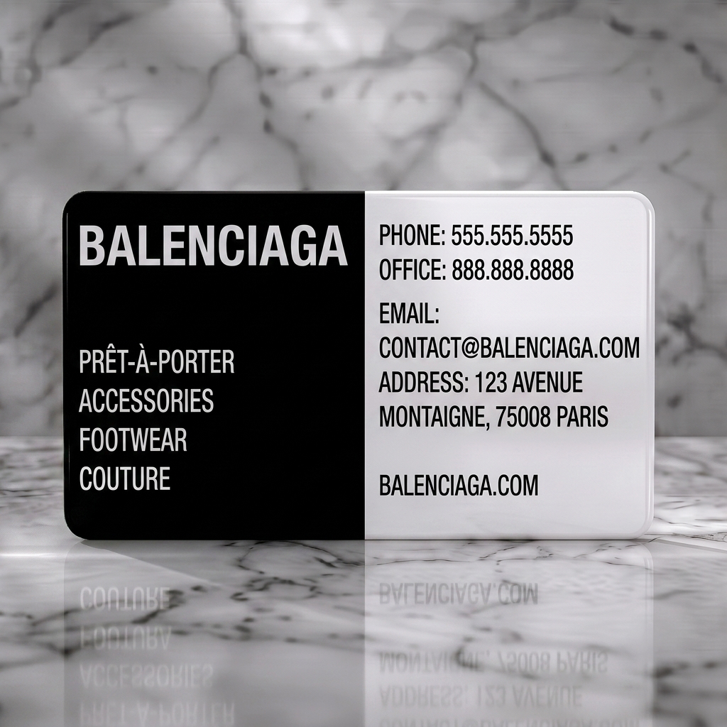 Solid white PVC business card featuring minimalist black and white with bold sans-serif typography for Balenciaga branding and details
