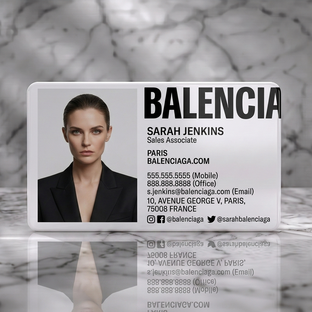 Solid white PVC business card featuring minimalist black and white design with a professional headshot, bold sans-serif typography, and social icons