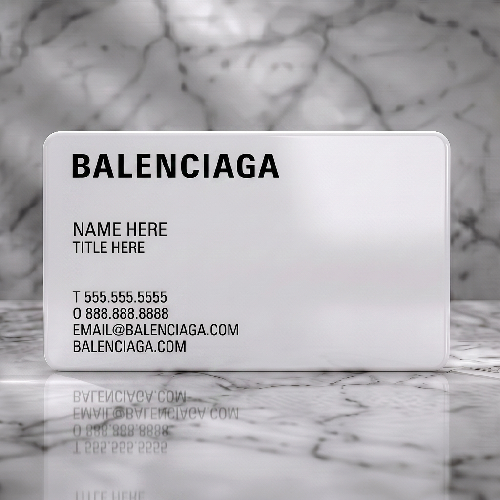 Solid white PVC business card featuring bold black sans-serif typography for a modern, minimalist Balenciaga design