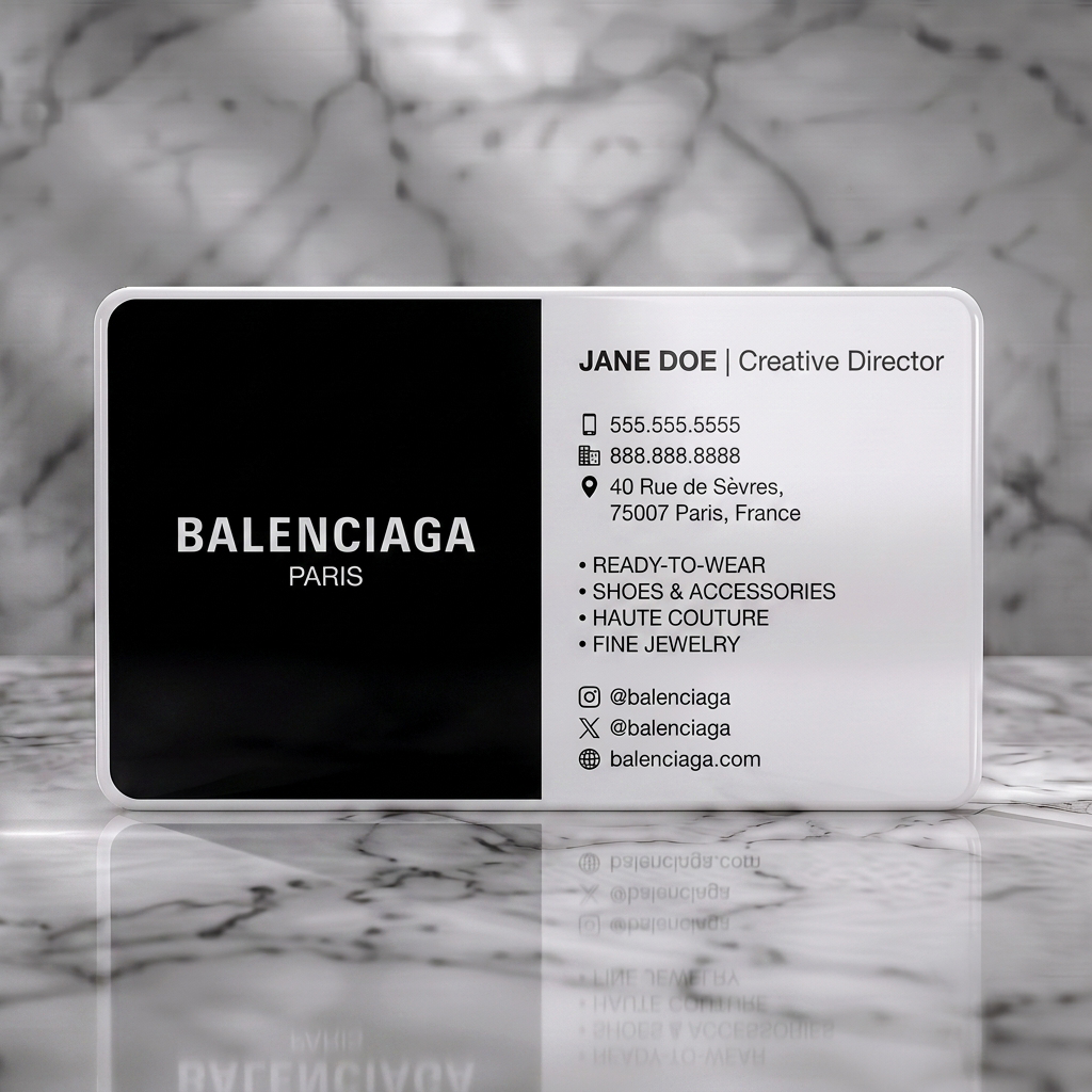 Solid white PVC business card featuring minimalist black and white design with bold Balenciaga logo, sans-serif typography, and simple icons