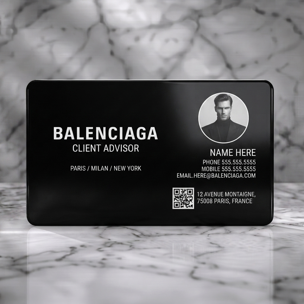 Solid white PVC business card featuring sleek black & white design, bold sans-serif type, circular profile image, and QR code
