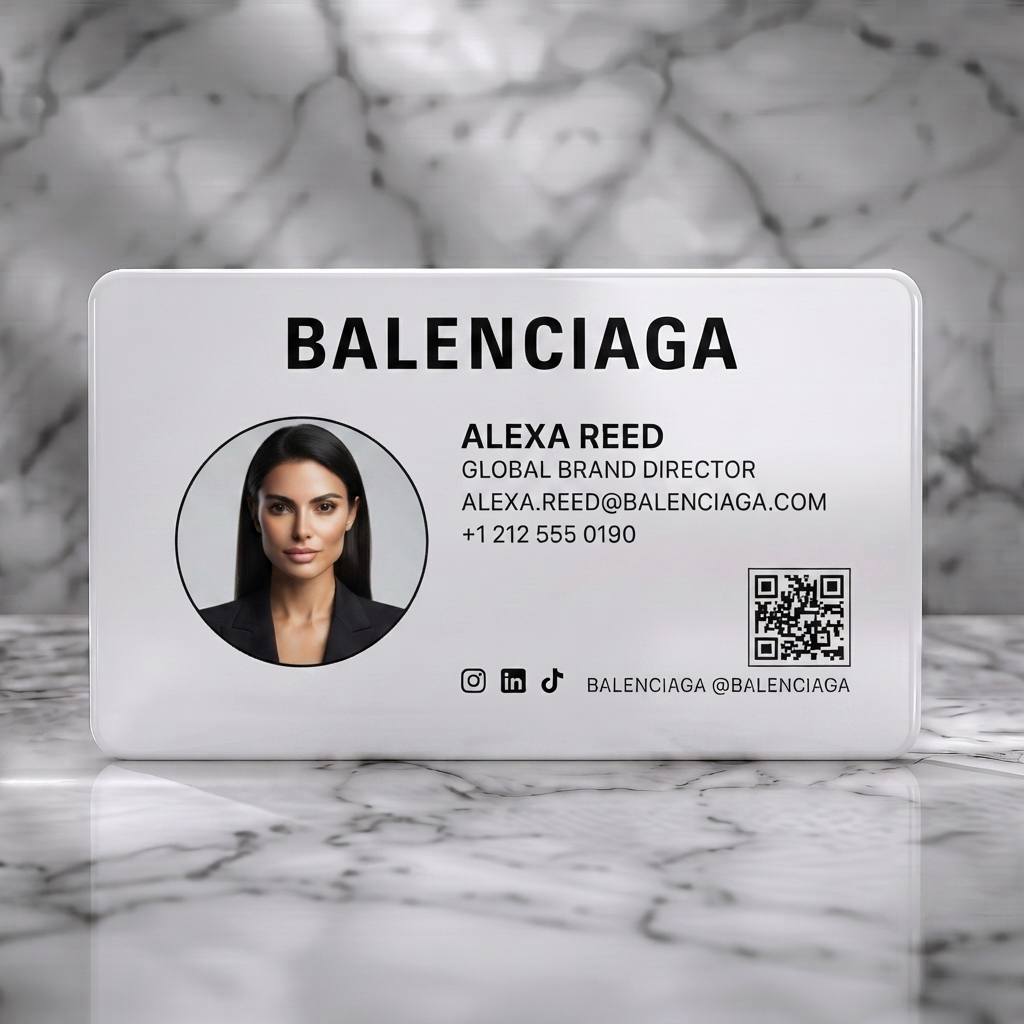 Solid white PVC business card featuring minimalist black and white aesthetic, bold sans-serif type, circular profile image, QR code, and social icons