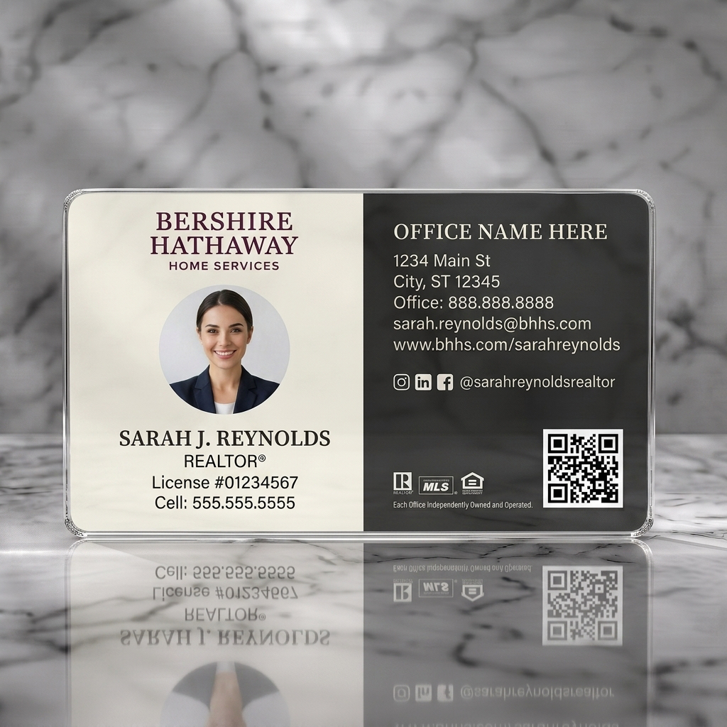 Clear plastic business card featuring a clean split design, maroon branding, professional typography, headshot, QR code, and social icons