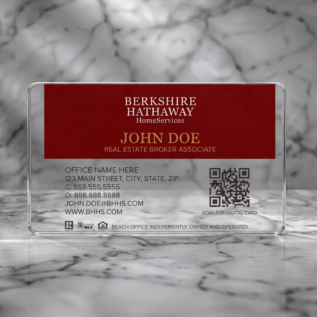 Clear plastic business card featuring professional two-tone design, maroon and white, classic and bold typography, industry icons, QR code