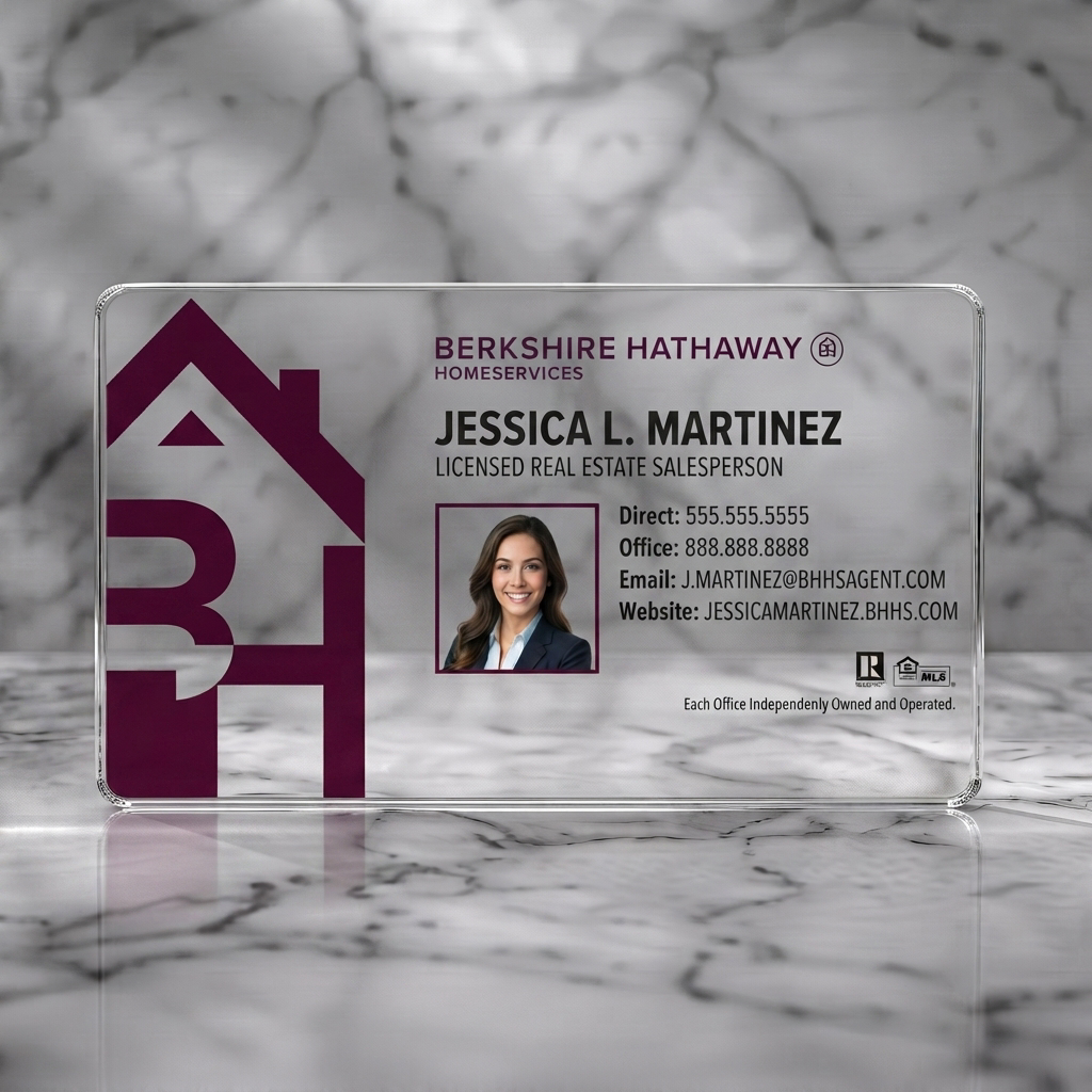 Clear plastic business card featuring clean white and burgundy design with a bold house logo, sans-serif text, Realtor, MLS icons, photo