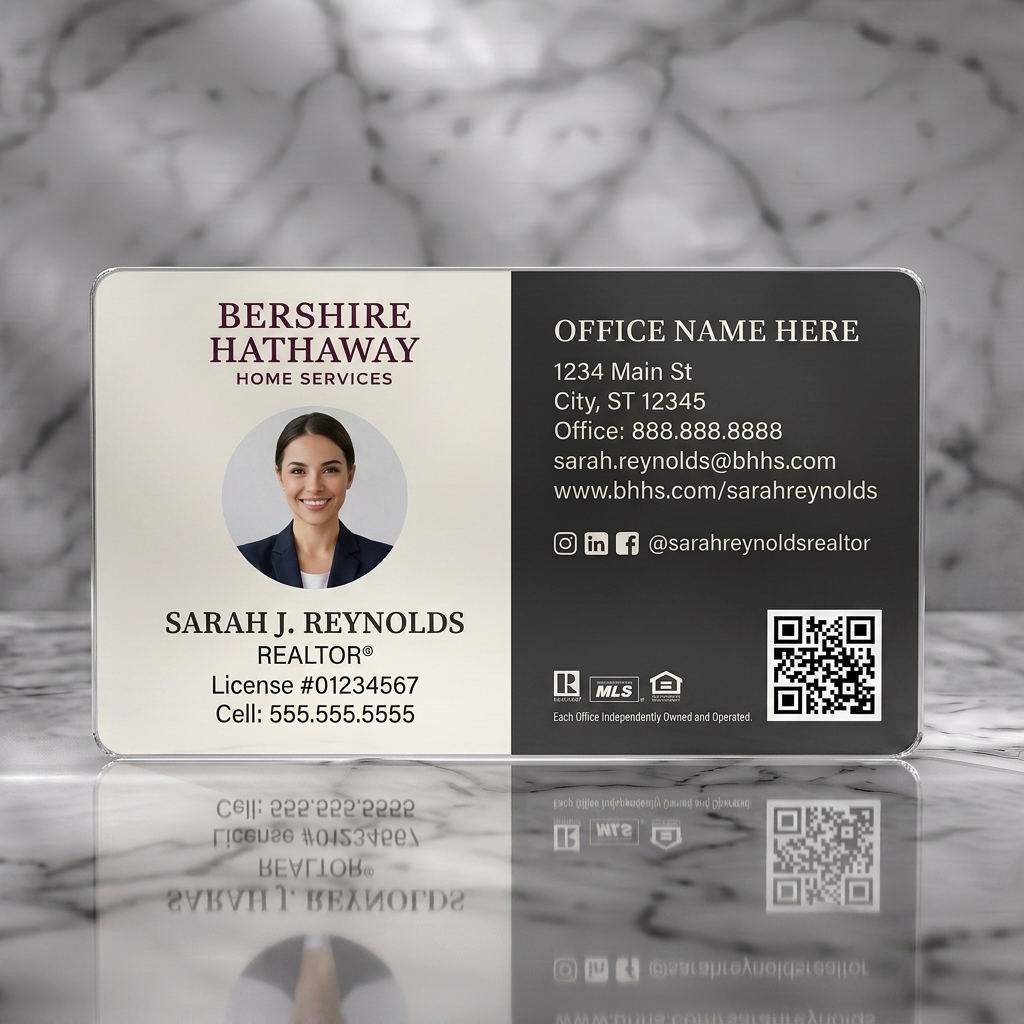 Frosted translucent plastic business card featuring a clean split design, maroon branding, professional typography, headshot, QR code, and social icons