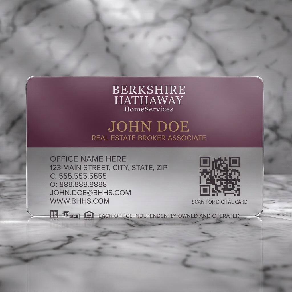 Frosted translucent plastic business card featuring professional two-tone design, maroon and white, classic and bold typography, industry icons, QR code