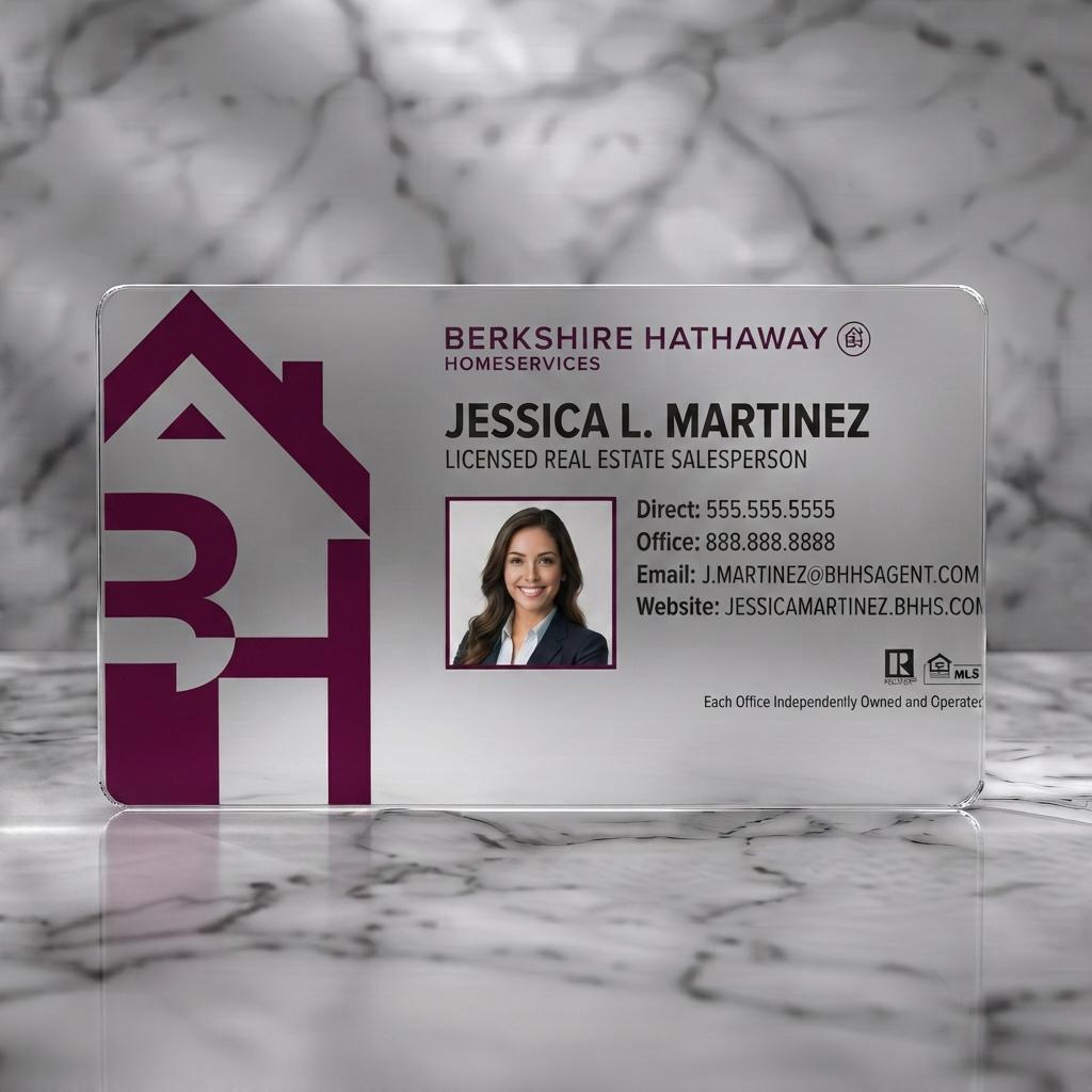 Frosted translucent plastic business card featuring clean white and burgundy design with a bold house logo, sans-serif text, Realtor, MLS icons, photo