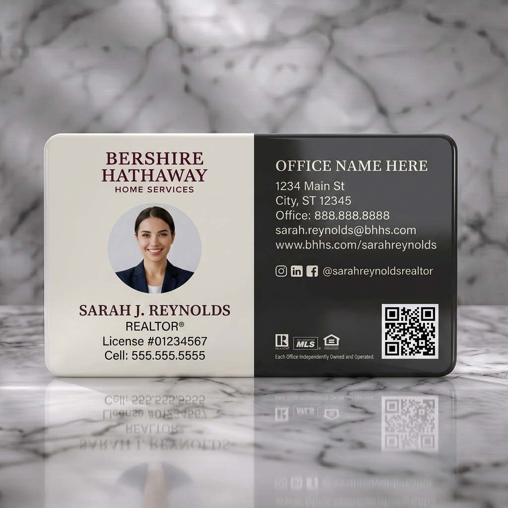 Solid white PVC business card featuring a clean split design, maroon branding, professional typography, headshot, QR code, and social icons