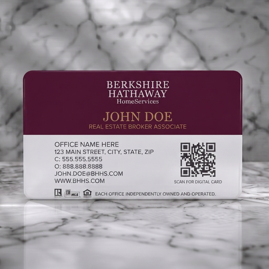 Solid white PVC business card featuring professional two-tone design, maroon and white, classic and bold typography, industry icons, QR code