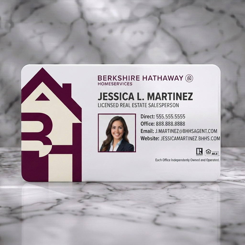 Solid white PVC business card featuring clean white and burgundy design with a bold house logo, sans-serif text, Realtor, MLS icons, photo