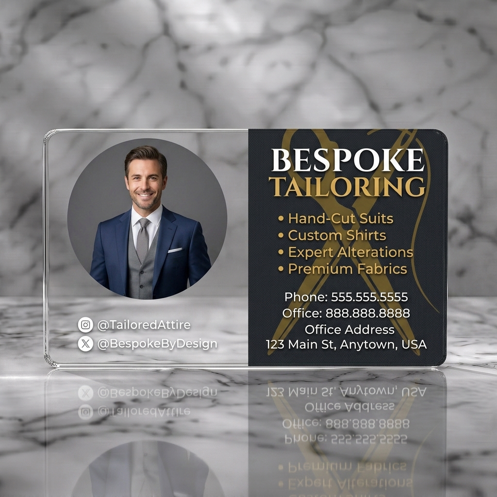 Clear plastic business card featuring a professional headshot, elegant gold tailoring graphic on dark gray, white/gold serif/sans-serif text, social icons