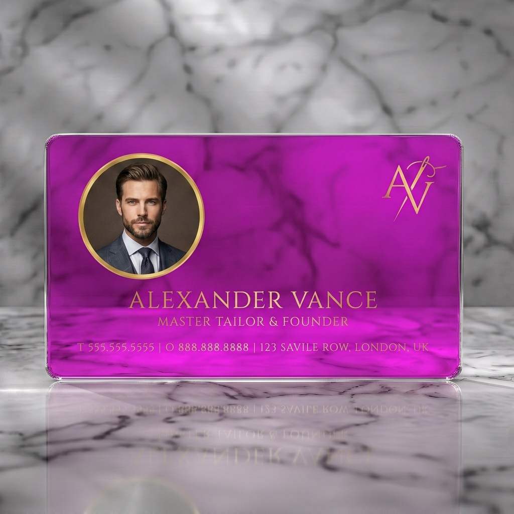 Clear plastic business card featuring elegant gold typography, a circular portrait, and a custom AV monogram logo with needle icon