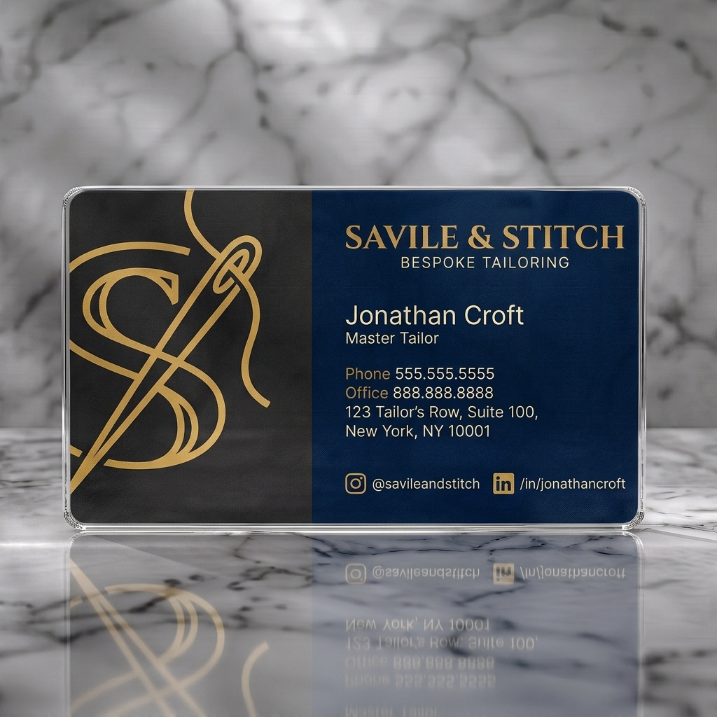 Clear plastic business card featuring elegant navy & charcoal design with gold accents, classic serif typography, and a needle-thread monogram logo