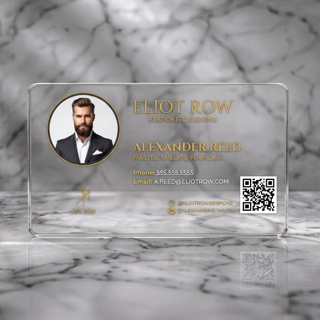 Clear plastic business card featuring modern classic charcoal/gold aesthetic, mixed typography, professional portrait, and industry icons
