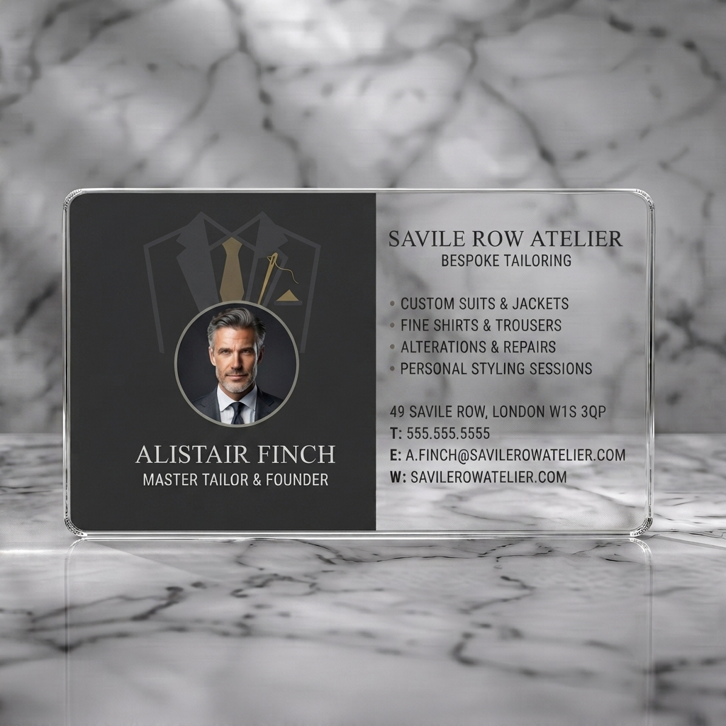 Clear plastic business card featuring elegant two-tone layout, tailored suit icon, profile photo, and sophisticated serif/sans-serif fonts