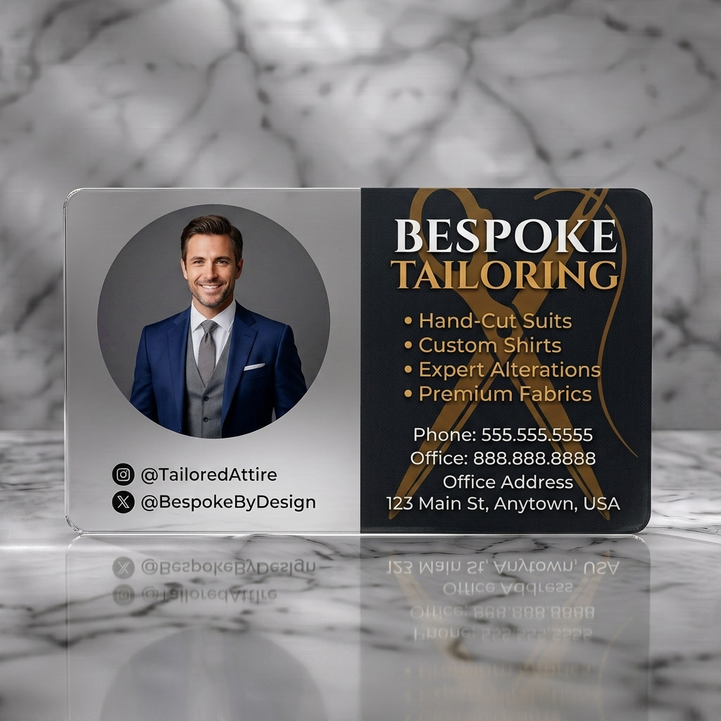 Frosted translucent plastic business card featuring a professional headshot, elegant gold tailoring graphic on dark gray, white/gold serif/sans-serif text, social icons