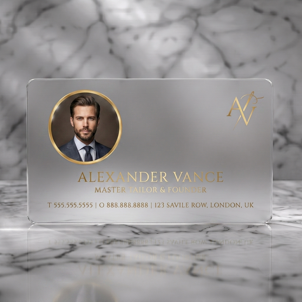 Frosted translucent plastic business card featuring elegant gold typography, a circular portrait, and a custom AV monogram logo with needle icon