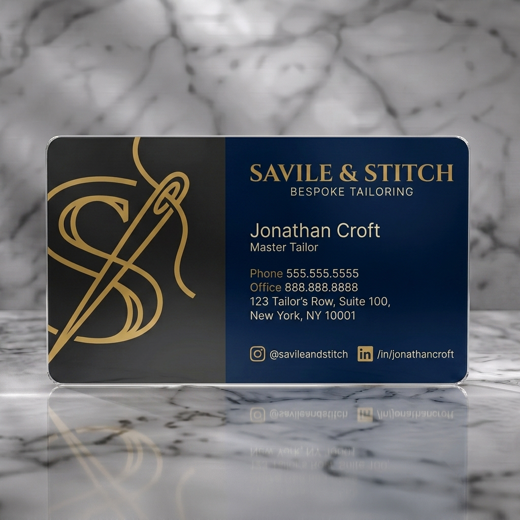 Frosted translucent plastic business card featuring elegant navy & charcoal design with gold accents, classic serif typography, and a needle-thread monogram logo