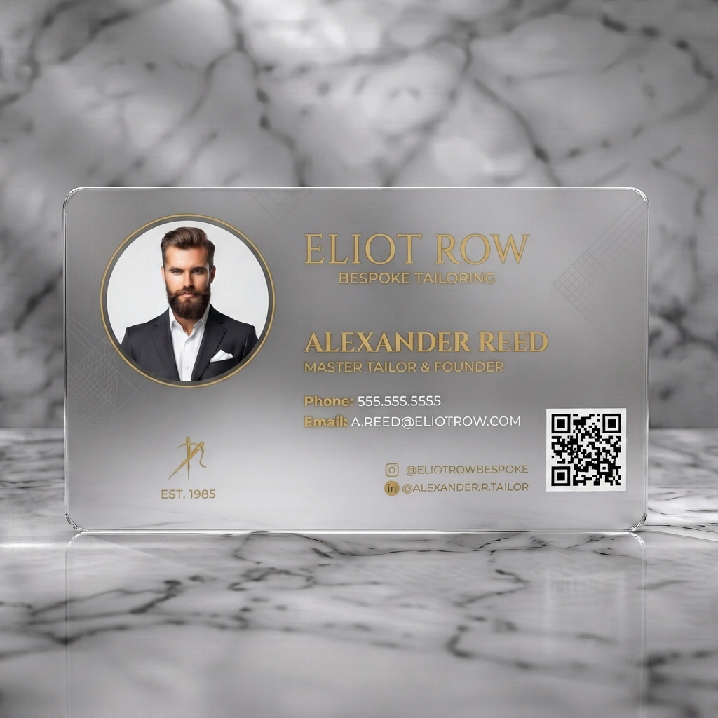 Frosted translucent plastic business card featuring modern classic charcoal/gold aesthetic, mixed typography, professional portrait, and industry icons