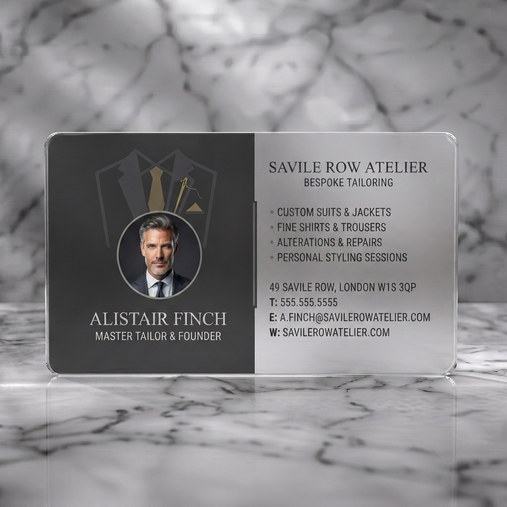 Frosted translucent plastic business card featuring elegant two-tone layout, tailored suit icon, profile photo, and sophisticated serif/sans-serif fonts