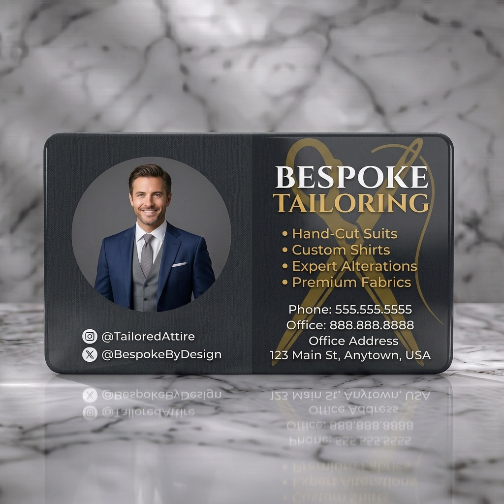 Solid white PVC business card featuring a professional headshot, elegant gold tailoring graphic on dark gray, white/gold serif/sans-serif text, social icons