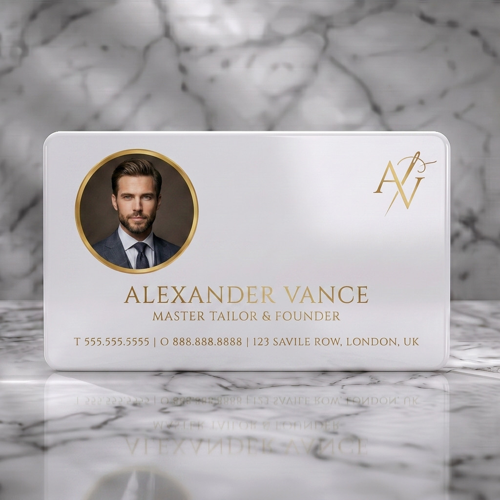 Solid white PVC business card featuring elegant gold typography, a circular portrait, and a custom AV monogram logo with needle icon