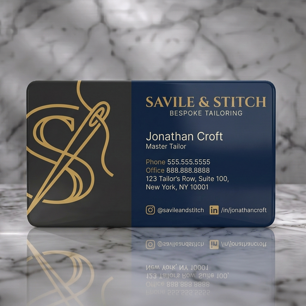 Solid white PVC business card featuring elegant navy & charcoal design with gold accents, classic serif typography, and a needle-thread monogram logo