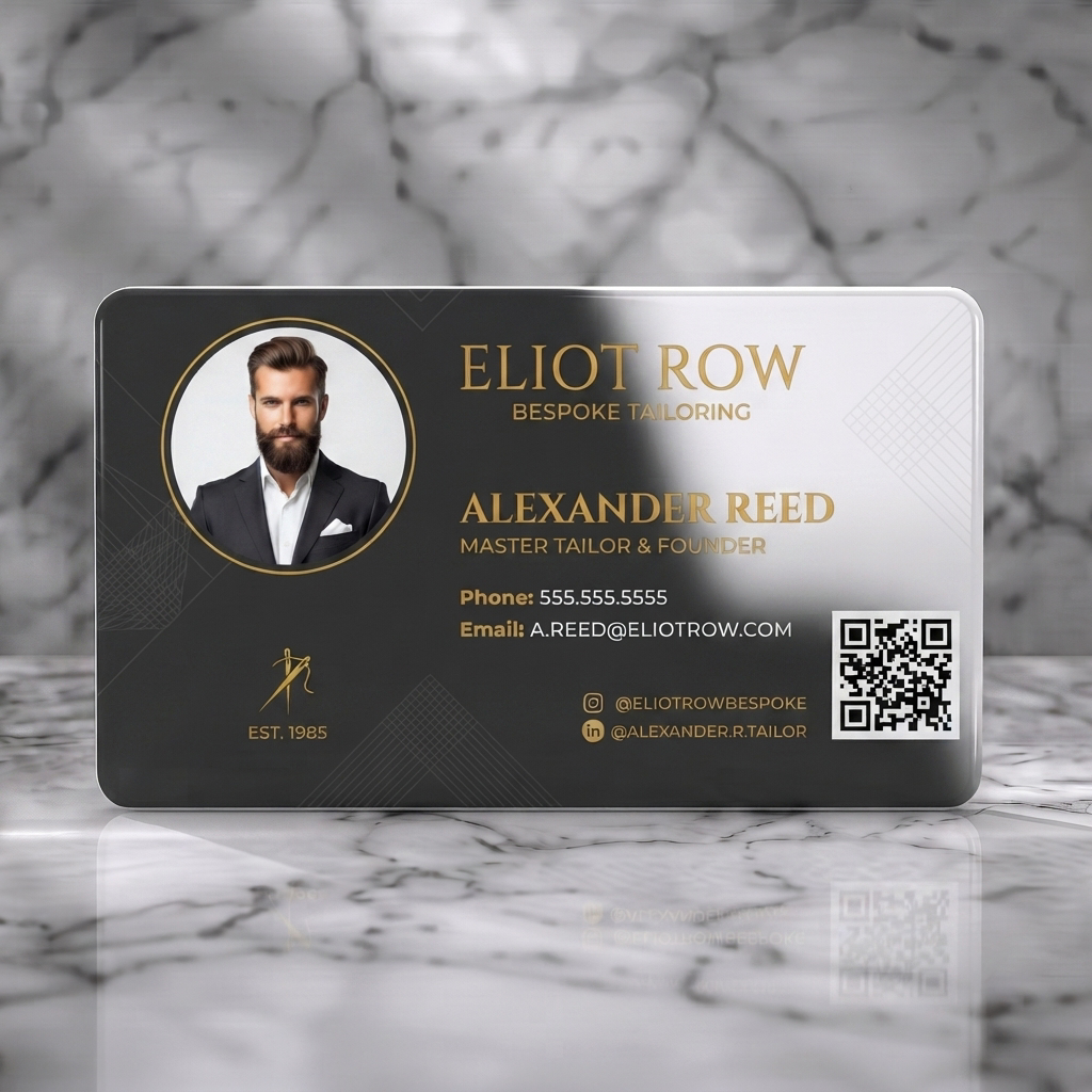 Solid white PVC business card featuring modern classic charcoal/gold aesthetic, mixed typography, professional portrait, and industry icons