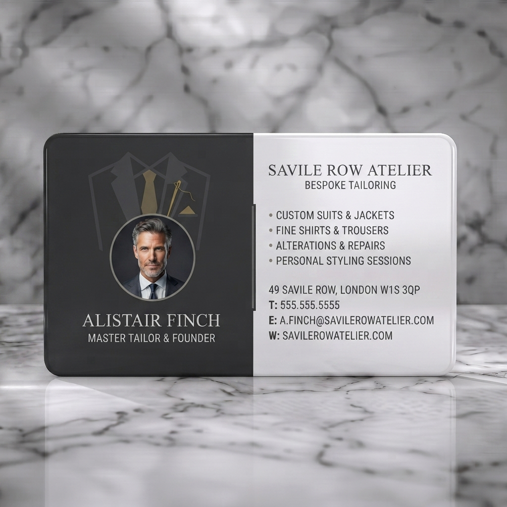 Solid white PVC business card featuring elegant two-tone layout, tailored suit icon, profile photo, and sophisticated serif/sans-serif fonts