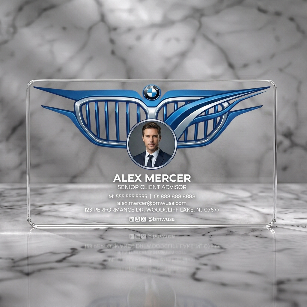 Clear plastic business card featuring stylized BMW grille, prominent logo, professional photo, clean white text, and social media icons