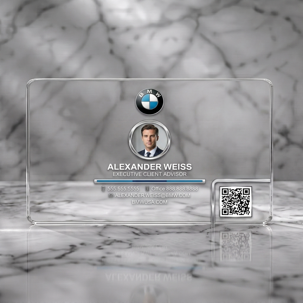 Clear plastic business card featuring bMW logo, professional photo, crisp white text, metallic accents, and contact icons