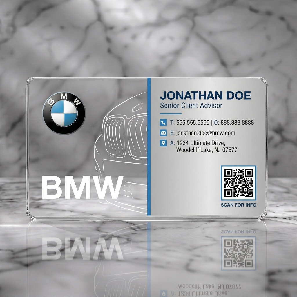 Clear plastic business card featuring modern split design, BMW logo, car graphic, corporate blue & silver, clean typography & QR code