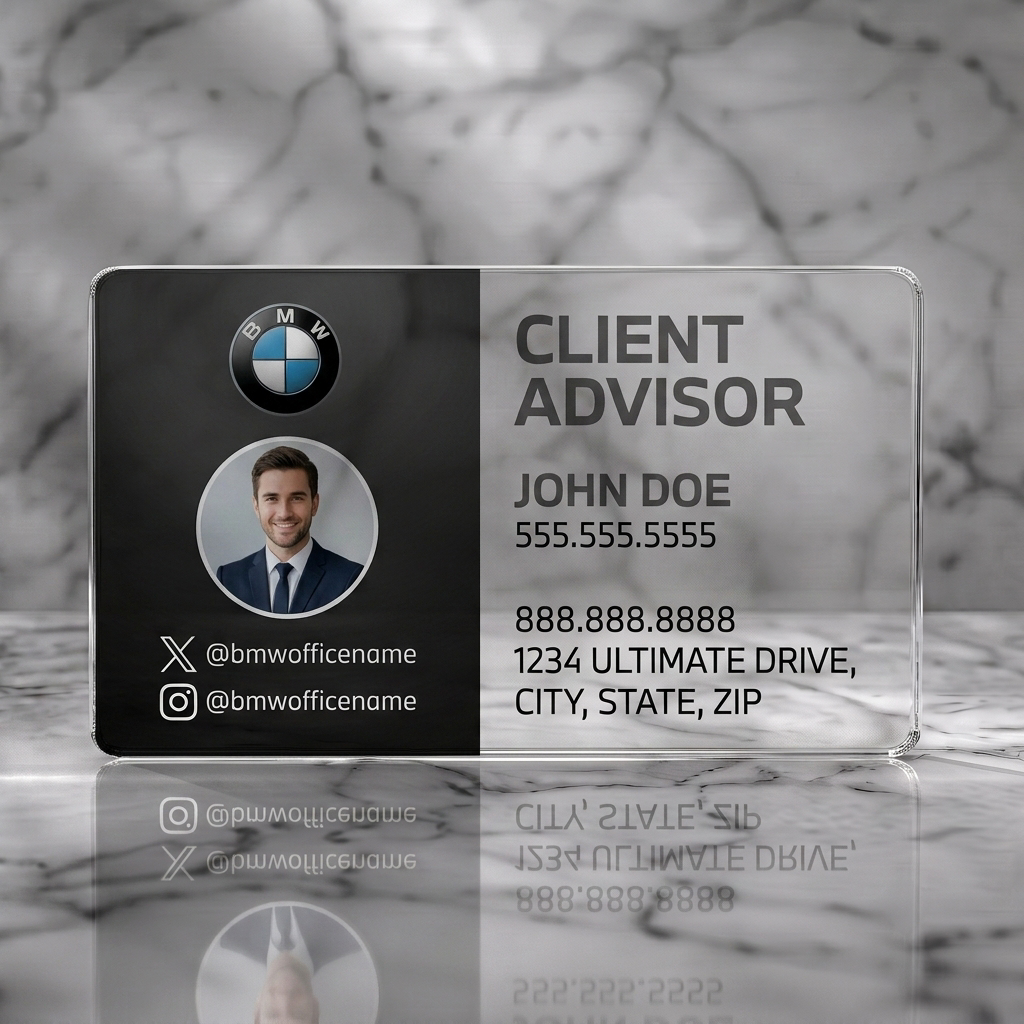 Clear plastic business card featuring a modern, two-tone design with BMW branding, professional photo, sans-serif typography, and social icons