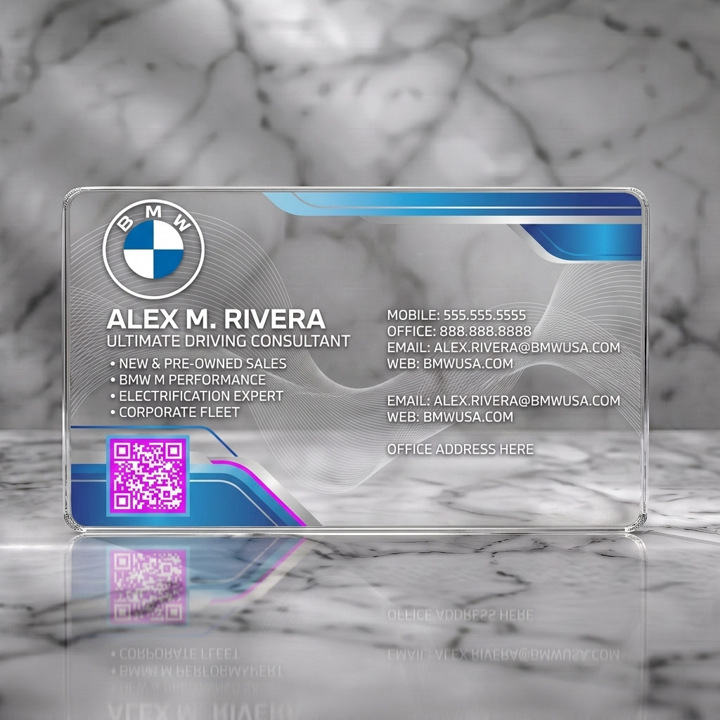 Clear plastic business card featuring bMW logo, white typography, dynamic blue/silver gradients, and a QR code