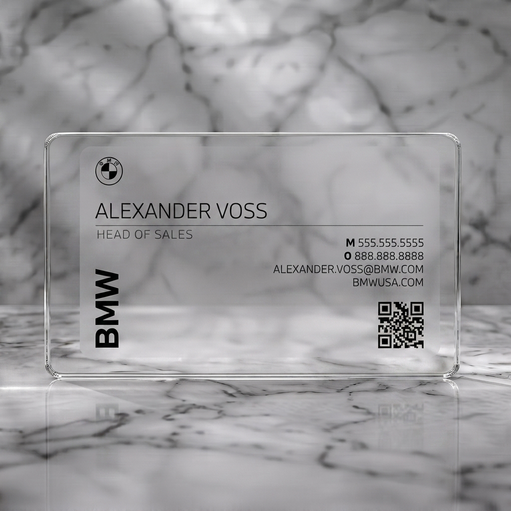 Clear plastic business card featuring minimalist BMW design, sans-serif typography, monochrome color scheme, and QR code